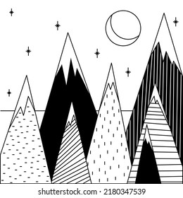 Silhouette of mountains, night landscape with mountains, black and white illustration with mountains, mountain massif vector, abstract mountains