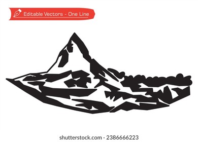 Silhouette mountains premium icon - Straight line art black and white of remote Matterhorn mountain in Switzerland. Vector illustration of Matterhorn mountain above an Alpine stream. Alps, Pennine.