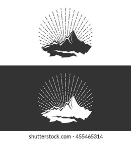 Silhouette of the Mountains and Sunburst on White and Gray Background ,Logo Design Element, Vector Illustration