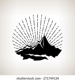 Silhouette  of the mountains and sunburst ,vintage light rays and rocks on a light background, black and white vector illustration