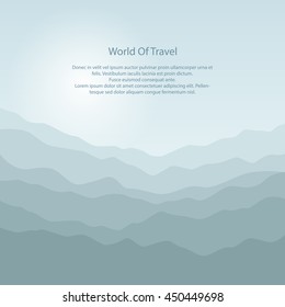 Silhouette of the Mountains at Sunrise and Text, View of the Mountains in the Morning in Shades of Green, Waves, Travel and Tourism Concept, Vector  Illustration 