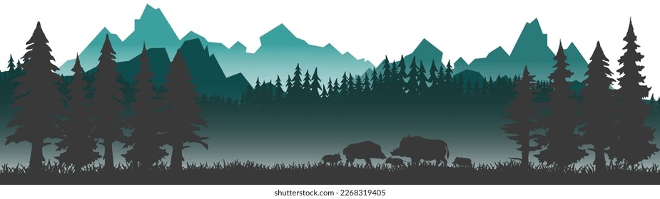 Silhouette of mountains, wild forest woods wild boar family and misty fog forest fir trees camping adventure wildlife landscape panorama illustration icon vector for logo, isolated on white background