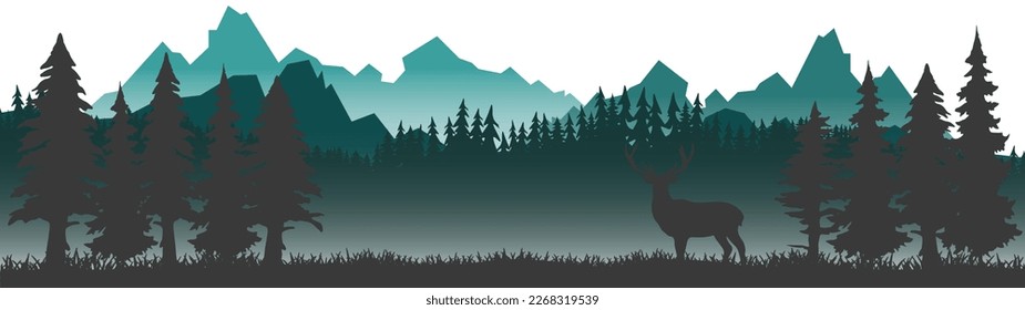 Silhouette of mountains, wild forest woods deer animal and misty fog forest fir trees camping adventure wildlife landscape panorama illustration icon vector for logo, isolated on white background	
