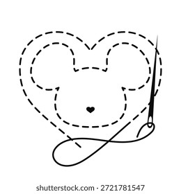 Silueta de cabeza de ratón y corazón con contorno interrumpido. Ilustración vectorial de trabajo hecho a mano con hilo de bordar y aguja de coser sobre fondo blanco	