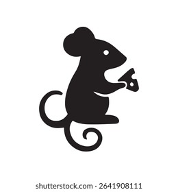 Silhouette of a mouse holding a piece of cheese with a curly tail on a white background image