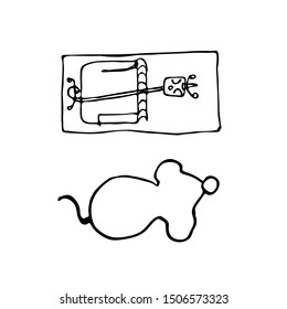 Silhouette mouse and mousetrap in hand drawn style. Sketch of a rodent and trap on a white background in isolation. Vector illustration.