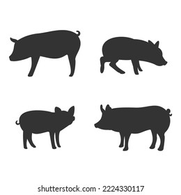 Silhouette movement pig on white background, set of movement pig silhouette