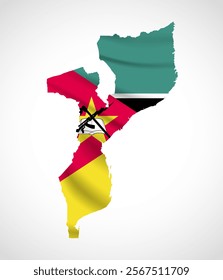 Silhouette of Mozambique map filled with the Mozambican flag design, symbolizing national pride, cultural heritage, and geographic identity.  
