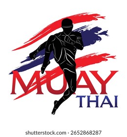 Silhouette of a Muay Thai fighter in action pose with red, white, and blue brush strokes inspired by the Thai flag.