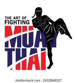 Silhueta de um lutador Muay Thai em ação com a moderna tipografia vermelha e azul. Artes marciais combate ilustração esporte.
