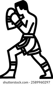 Silhouette of a Muay Thai fighter in a fighting stance. Martial arts graphic. Vector illustration.