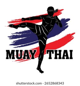 Silhueta de um lutador de Muay Thai realizando um chute alto com um fundo dinâmico de pincel de bandeira tailandesa.