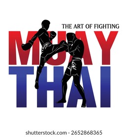 Silhouette of Muay Thai fighters in action with bold red and blue typography, representing the art of Thai kickboxing.