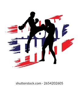 Silhouette of Muay Thai fighters in action with Thai flag brush stroke background. Martial arts vector illustration.