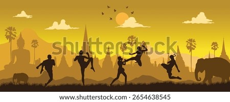 Silhouette of Muay Thai fighters training with Thai temples, elephants, and sunset scenery in the background. Traditional Thai culture and martial arts.