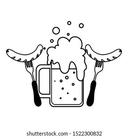 silhouette of mug with beer and grilled sausage in white background vector illustration design