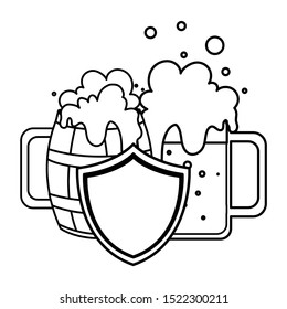silhouette of mugs with beer and foam in white background vector illustration design