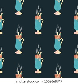 Silhouette of mulled wine cup seamless pattern on black background. Festive textile, web, wrapping paper, background fill.