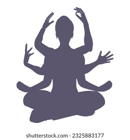 Silhouette of a multi-armed meditating girl with six arms, in the Lotus position. Happy relaxed female character performing meditation exercise