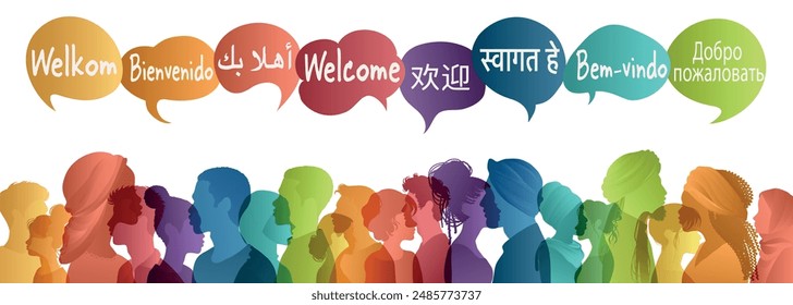 Silhouette multicultural people side from different country and continents with speech bubbles with text -Welcome- in various international languages.Communication.Community. Diversity