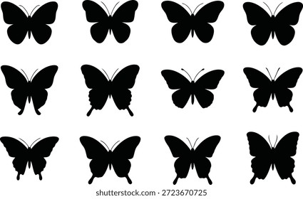 Silueta de múltiples mariposas en varias poses sobre un fondo blanco	