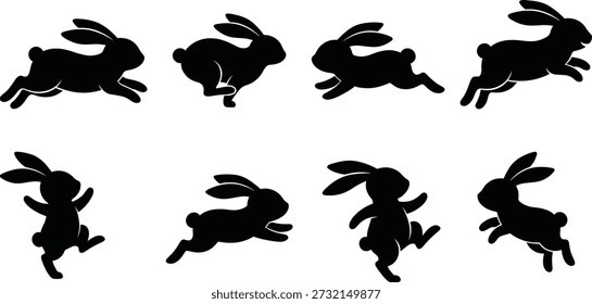 Silhouette von mehreren glücklichen Kaninchen, die auf weißem Hintergrund springen und die Ostersonntagsfreude und -feier symbolisieren
