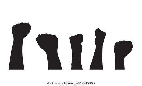 silhouette of multiple raised fists representing protest, unity, power and social movement