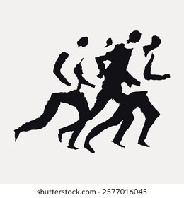 Silhouette of multiple runners in motion. Abstract figures running, dynamic movement. Black silhouettes, running, abstract, motion, dynamic. Vintage style art drawing, isolated vector element.