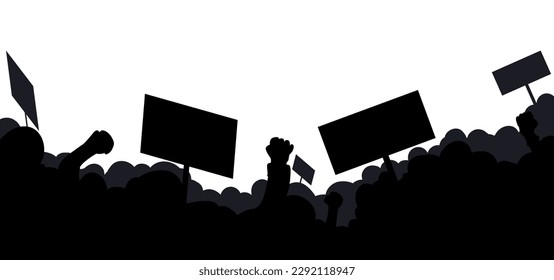 Silhouette of multitudinous crowd with raised fist, banners and placards on white background.