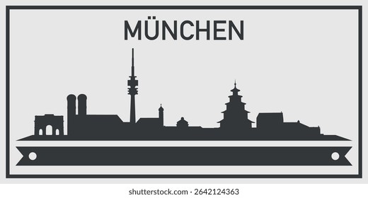  Silhouette of Munchen city skyline with minimalistic design in black and gray color scheme and decorative ribbon for text on the bottom. Vector on a gray background