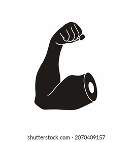 Silhouette of Muscle Arm Sign on White Background with White Lines. Upper Body Flat Icon Vector Illustration.