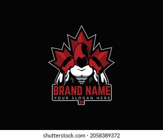 Silhouette of a muscular boxer in a hoodie against the maple leaf - boxing emblem, logo design, illustration