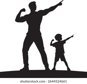 A silhouette of a muscular father and son flexing and pointing, symbolizing strength, aspiration, and the passing of values.
