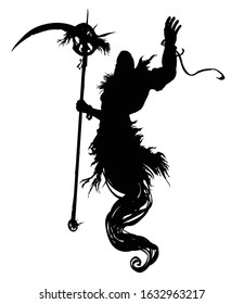 The silhouette of a muscular Ghost, with a huge scythe in his right hand, hovers in the air, raising his left hand up 
