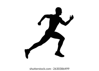 Silhouette of a muscular male athlete sprinting at full speed with dynamic body posture, wearing sports shoes, isolated on a white background for fitness concept.