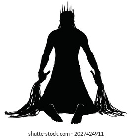 Silhouette of a muscular male king in a crown with long spikes, he holds two whips for self-flagellation sitting on his knees 2d black and white illustration