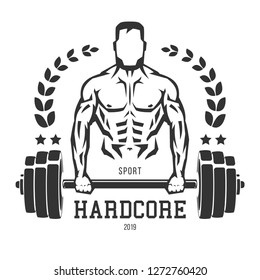 Silhouette of a muscular man with barbell. Template for bodybuilding and sport fitness logo, label, emblem, badge or branding design in retro, vintage style. Vector illustration.