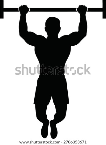 Silhouette of a muscular man doing a pull-up on a bar. Fitness, strength training, and exercise concept. Isolated on white.