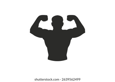 Silhouette of muscular man flexing biceps with both arms raised