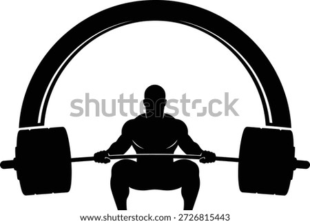 Silhouette of a muscular man performing a deep barbell squat, creatively framed by a large headphone arc design