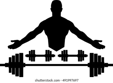 silhouette of muscular man and weights. vector illustration