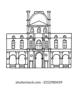 Silhouette of museum vector hand drawn illustration. Symbol of Paris. Vintage drawing painted by black inks for icon, logo or design
