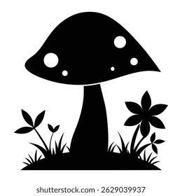 Silhueta de um cogumelo e grama em uma cena exterior natural