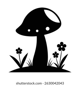 Silhouette of a Mushroom and Grass in a Natural Outdoor Scene