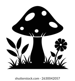 Silhouette of a Mushroom and Grass in a Natural Outdoor Scene