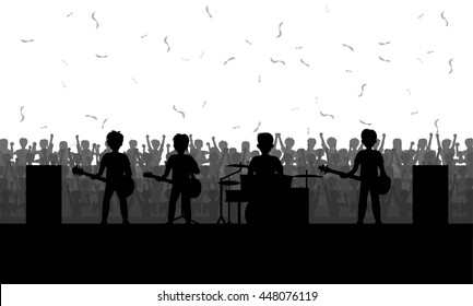 Silhouette music band concert with viewers crowd vector