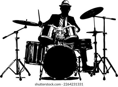 Silhouette music drum player  line art vector illustration stylish man playing drum player  A drummer musician drumming drums monochrome drawing