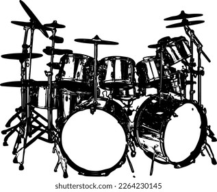 Silhouette of music drum set, Vector illustration of a musical instrument,  Drum set monochrome drawing