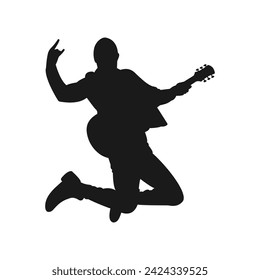 silhouette music. guitar musician. man jumping at concert. stringed instrument. rock music. expressive.