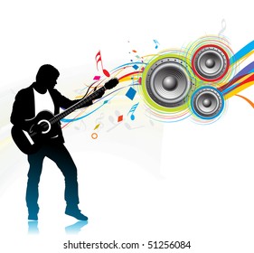  silhouette music men play a guitar with color wave line background, Vector Illustration